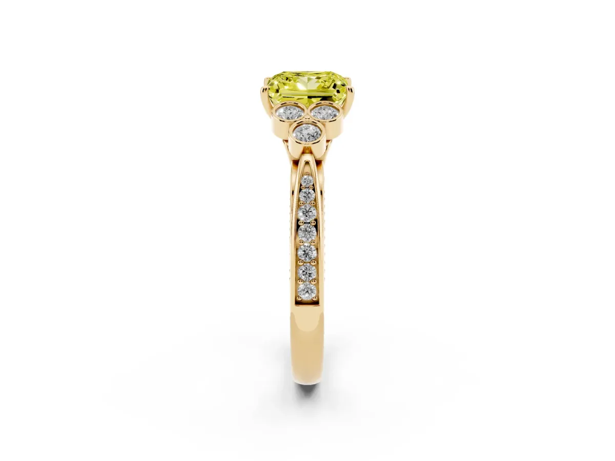 Fancy Yellow Princess Cut Cut Diamond Engagement Ring with Bezel Set Round Side Stones and Prong Setting Yellow gold