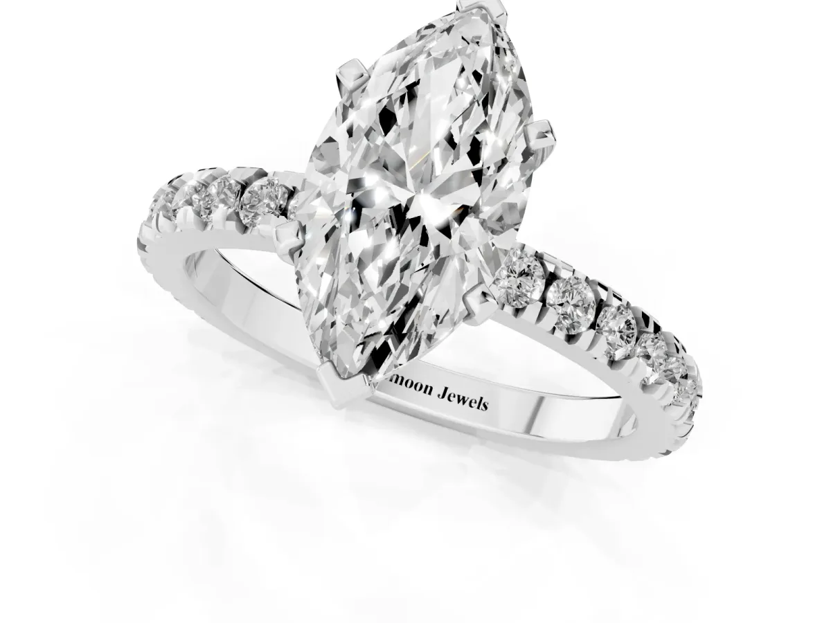 Marquise Cut Diamond Pavé Band Solitaire with Four-Prong Setting Platinum