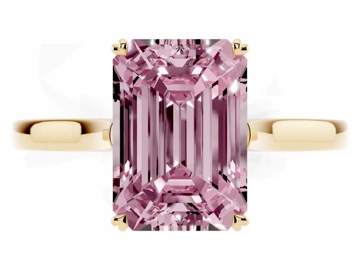 Fancy Pink Emerald Cut Solitaire Heart Prong Engagement Ring with Tapered Band Yellow gold