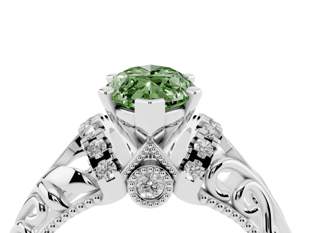 Fancy Green Marquise Cut Solitaire Filigree Engagement Ring with Halo and Prong Setting Silver