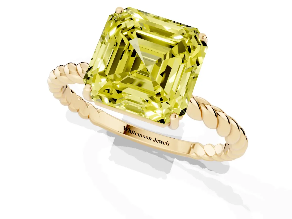 Fancy Yellow Asscher Cut Solitaire Twist Band Ring with Four-Prong Setting Yellow gold