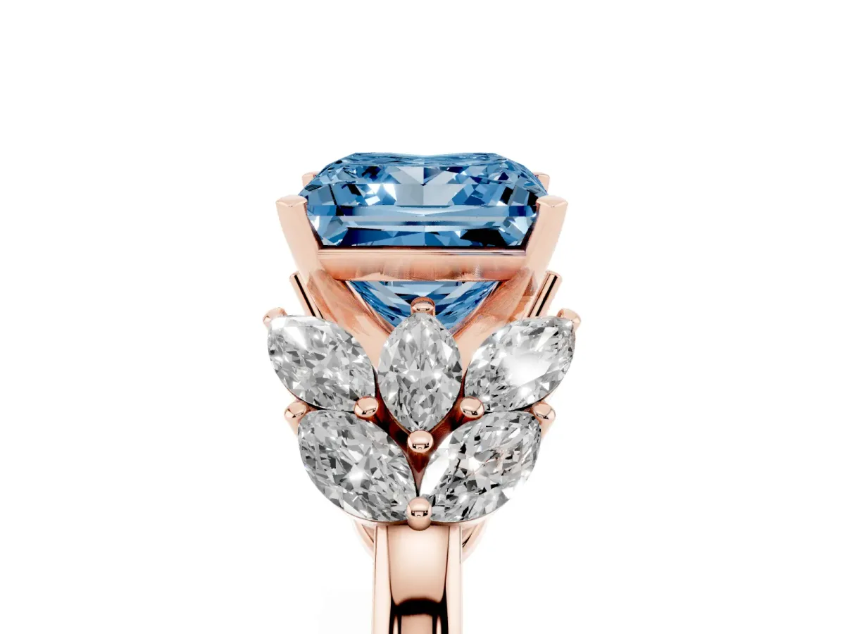 Fancy Blue Princess Cut Diamond Cluster Leaf Design Ring with Prong Setting Rose gold