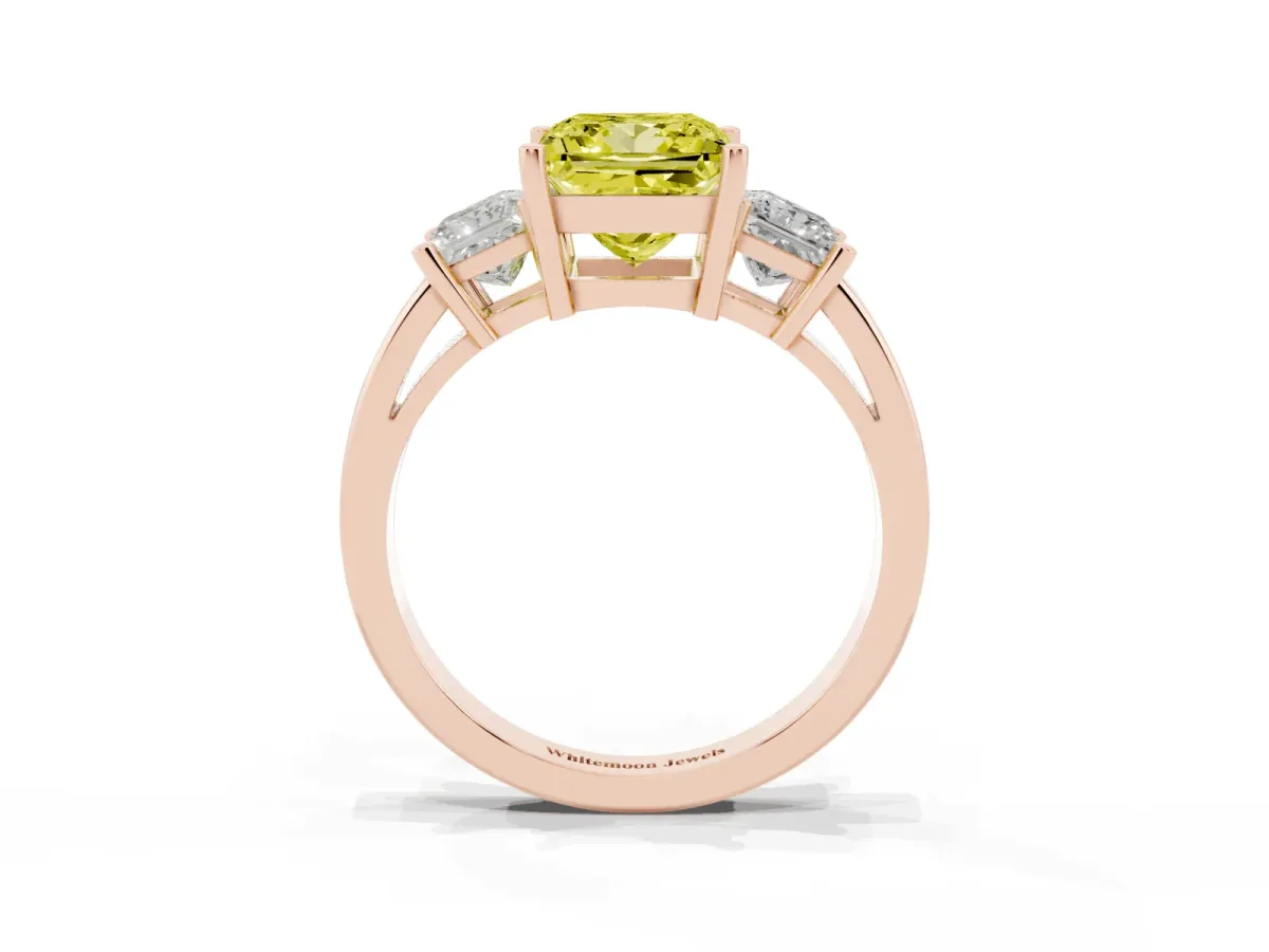 Fancy Yellow Three-Stone Princess Cut Cut Solitaire Ring with Prong Setting Rose gold