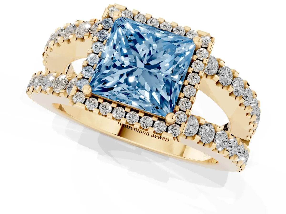 Fancy Blue Princess Cut Cut Halo Split Shank Diamond Ring with Four-Prong Setting Yellow gold