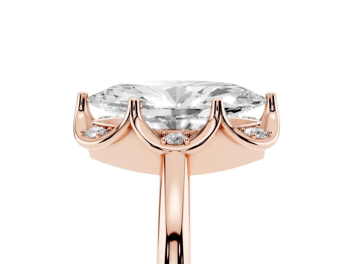 Marquise Cut Halo Diamond Ring with Round Cluster Setting, Solitaire Band, and Four-Prong Setting Rose gold