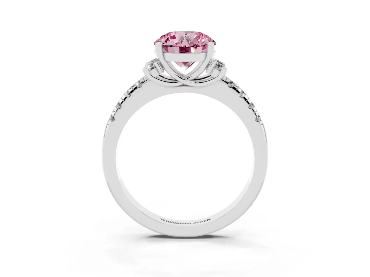 Fancy Pink Round Cut Diamond Three-Stone Pave Band with Four-Prong Setting Silver