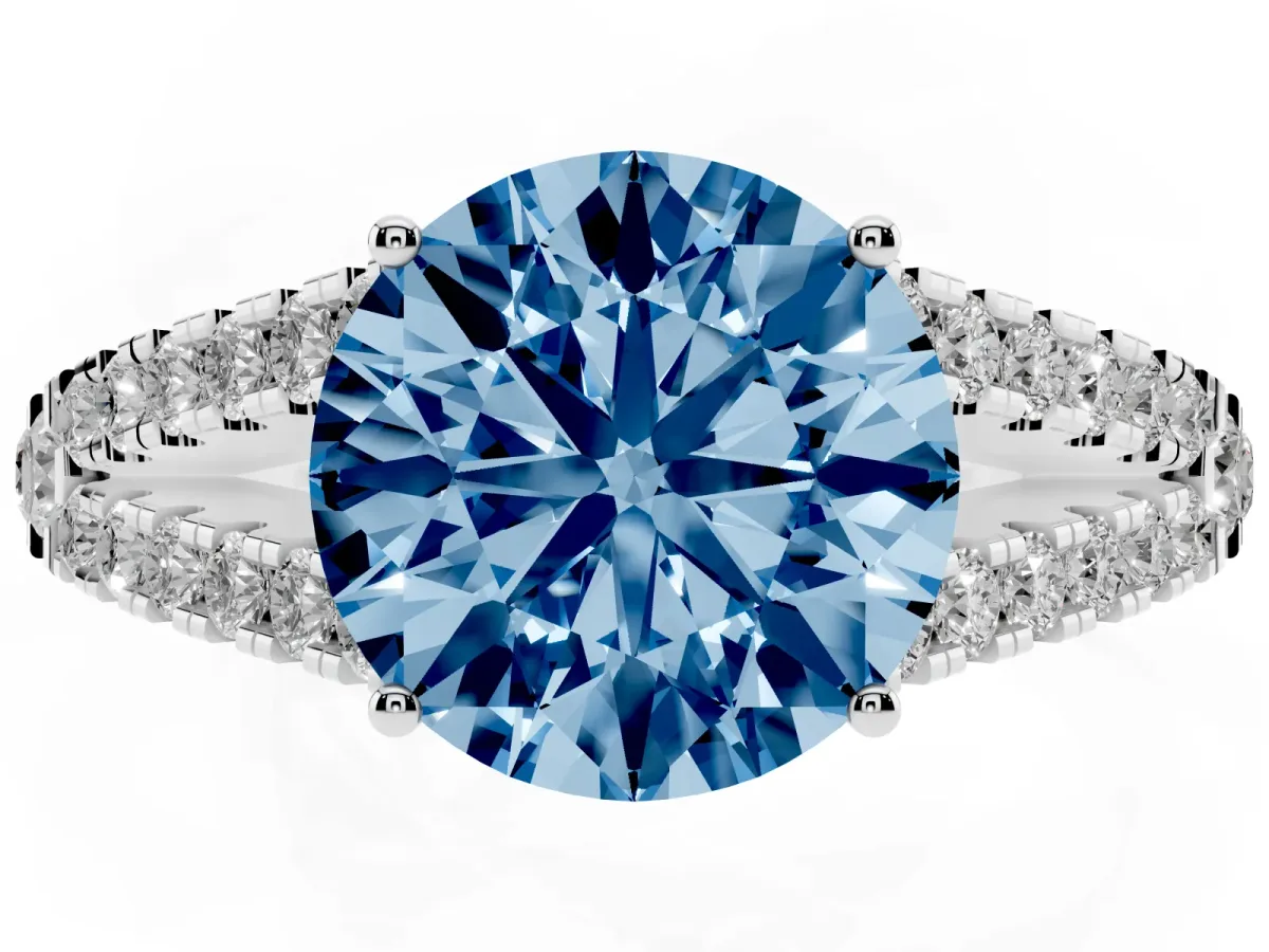 Fancy Blue Round Cut Diamond Split Shank Engagement Ring with Round Pavé and Prong Setting Silver