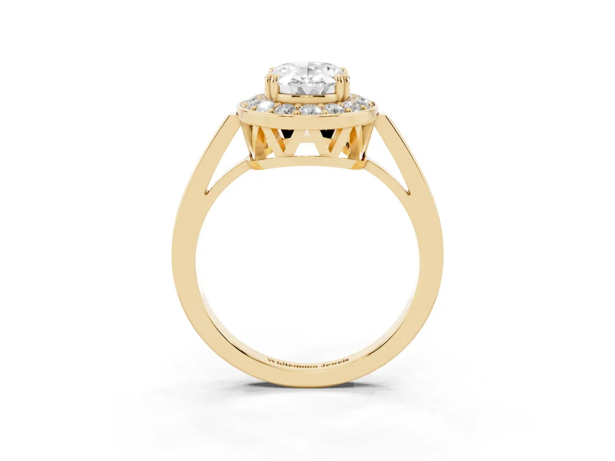 Oval Cut Diamond Halo Ring with Split Shank and Four-Prong Setting Yellow gold