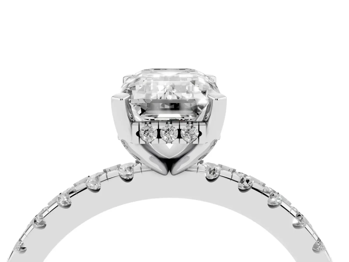Emerald Cut Diamond Solitaire Ring with Round Pavé Band and Four-Prong Setting Silver