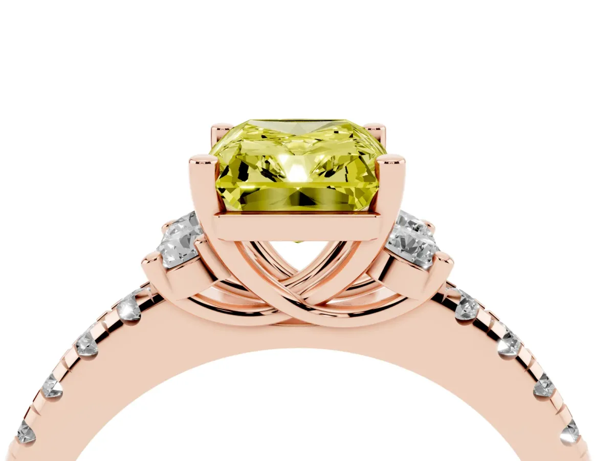 Fancy Yellow Radiant Cut Diamond Three-Stone Pave Band with Four-Prong Setting Rose gold