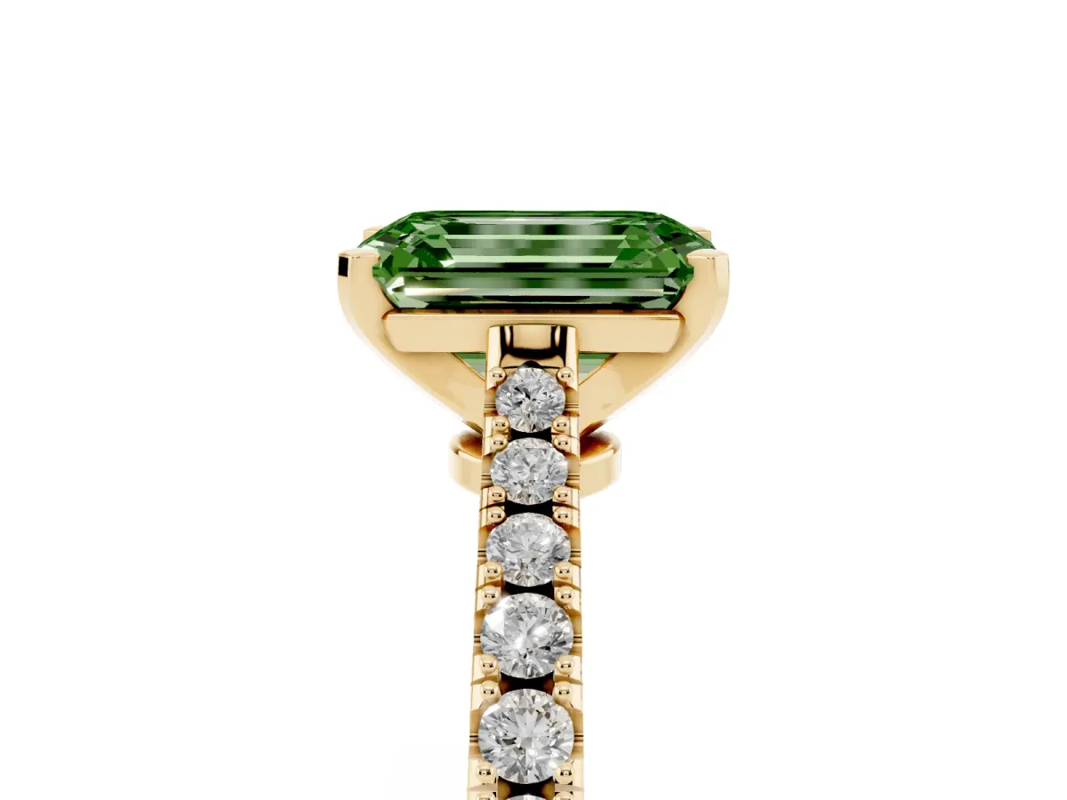 Fancy Green Emerald Cut Cut Solitaire Diamond Engagement Ring with Pave Band and Four-Prong Setting Yellow gold