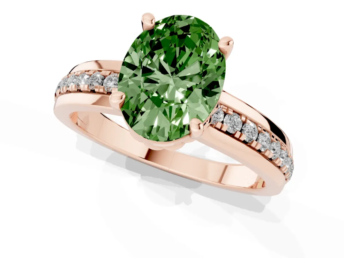 Fancy Green Oval Cut Solitaire Diamond Ring with Channel Set Band and Six-Prong Setting Rose gold