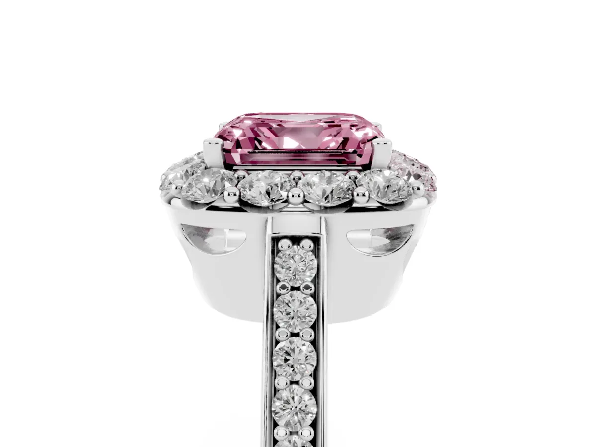 Fancy Pink Asscher Cut Diamond Floral Halo Ring with Pavé Band and Prong Setting Silver