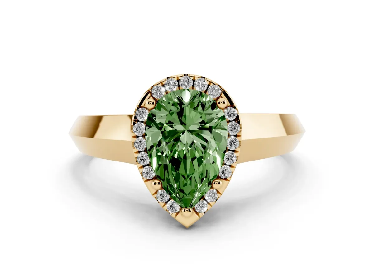 Fancy Green Pear Cut Halo Diamond Ring with Cathedral Band and Four-Prong Setting Yellow gold