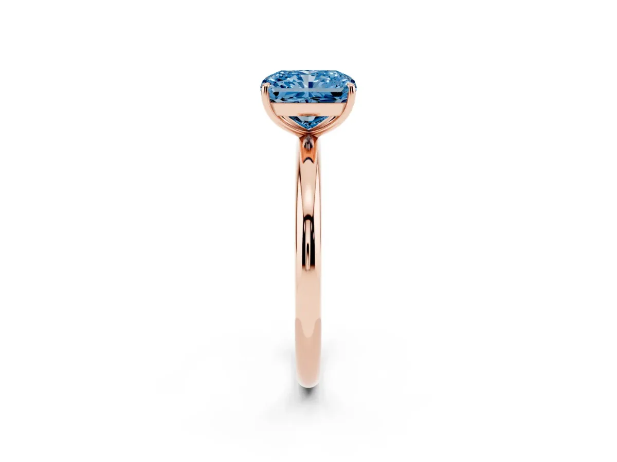 Fancy Blue Radiant Cut Solitaire Diamond Ring with Four-Prong Setting on a Plain Band Rose gold