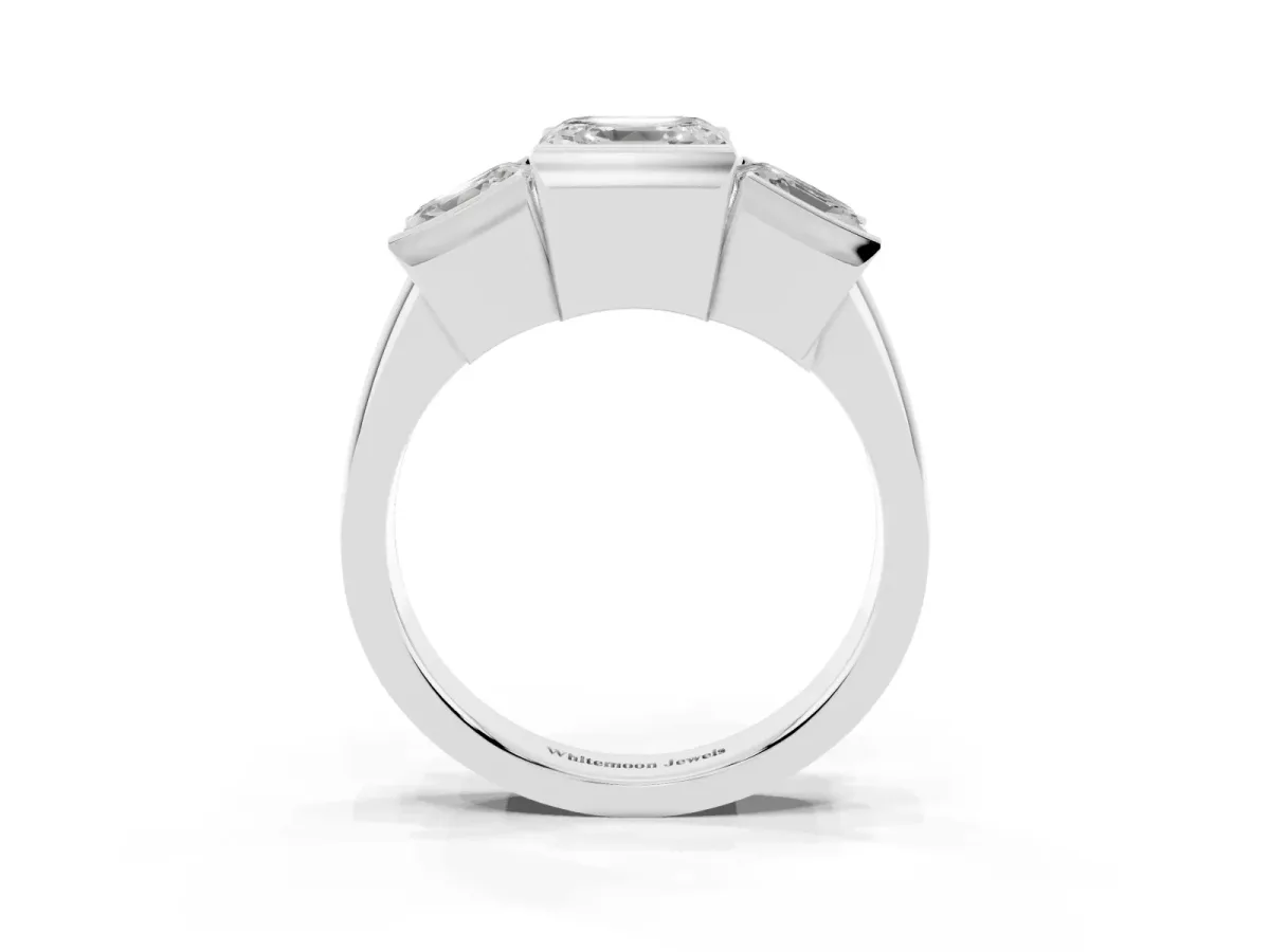 Three Stone Asscher Cut Cut Channel Set Diamond Ring Silver