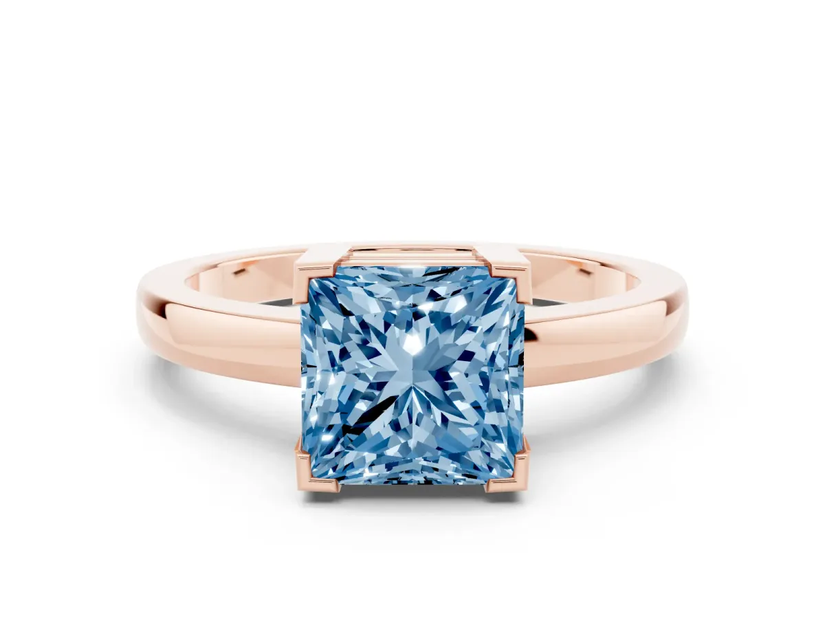 Fancy Blue Princess Cut Cut Solitaire Ring with Four-Prong Setting and Classic Band Rose gold
