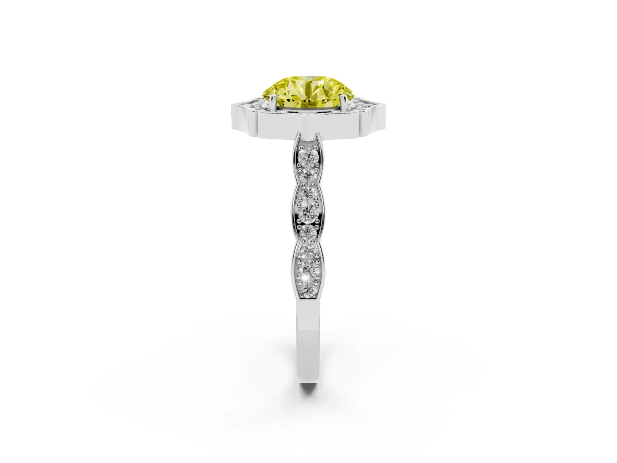 Fancy Yellow Round Cut Halo Diamond Engagement Ring with Milgrain Band and Four-Prong Setting Platinum