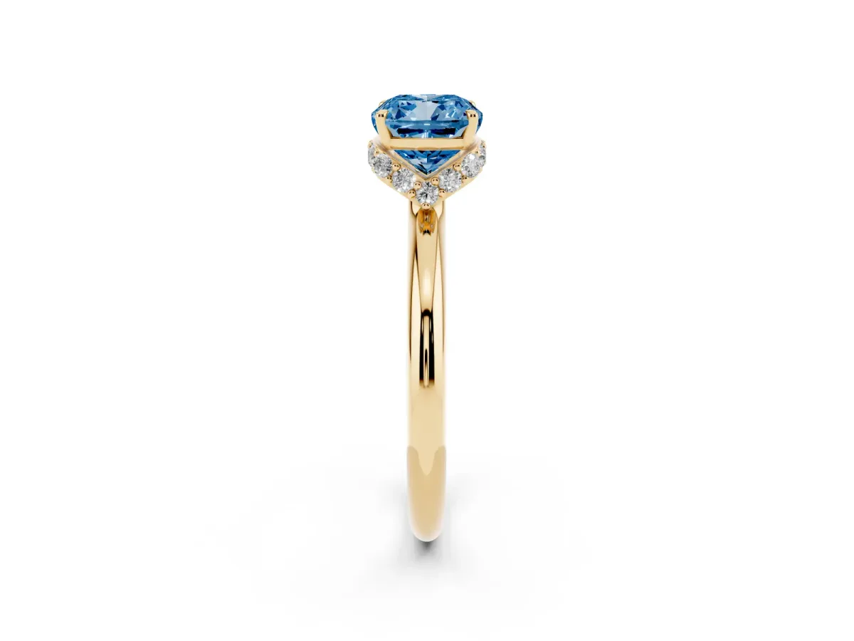 Fancy Blue Cushion Cut Brilliant Solitaire Engagement Ring with Six-Prong Setting and Classic Band Yellow gold