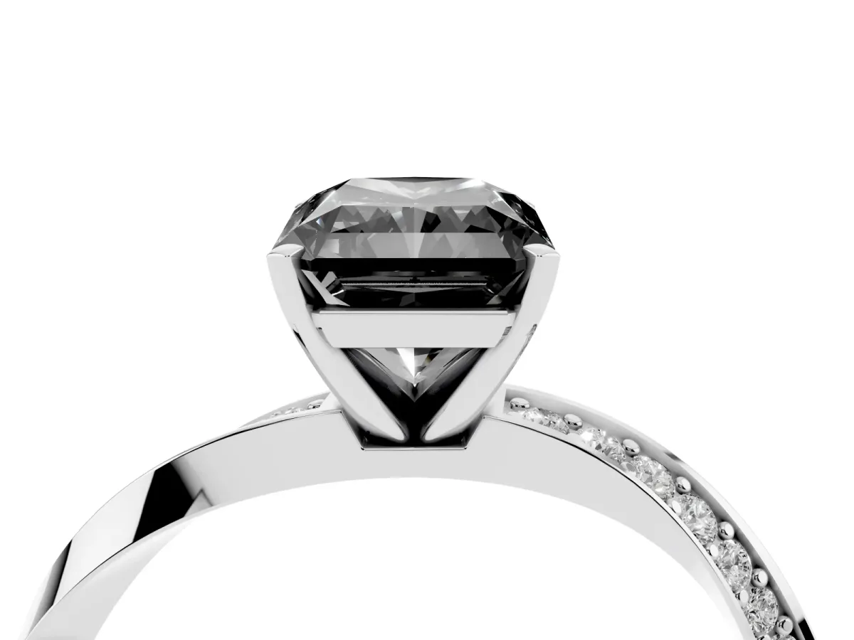Fancy Black Radiant Cut Diamond Engagement Ring with Side Stone Accents and Four-Prong Setting Silver