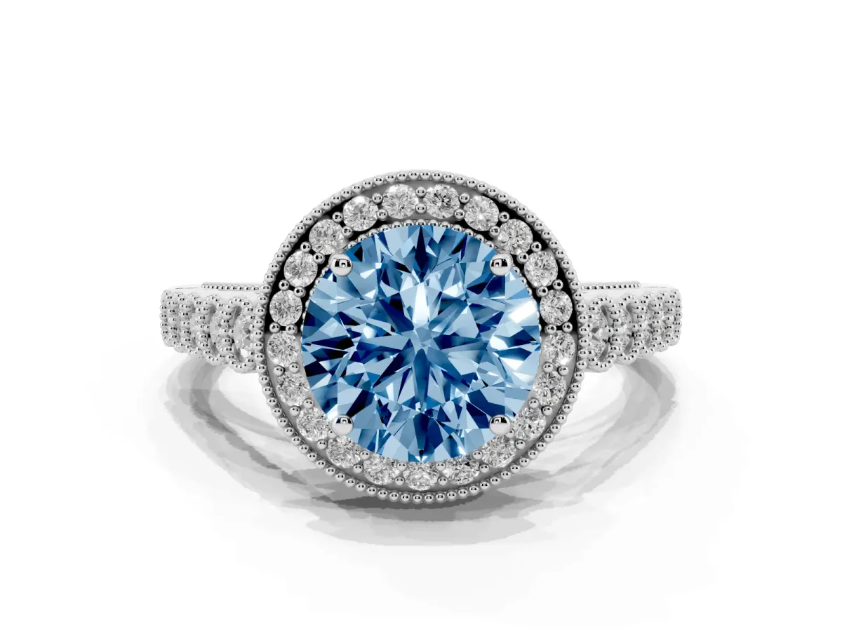 Fancy Blue Round Cut Halo Milgrain Solitaire with Bezel Set Side Stones and Pave Band Silver