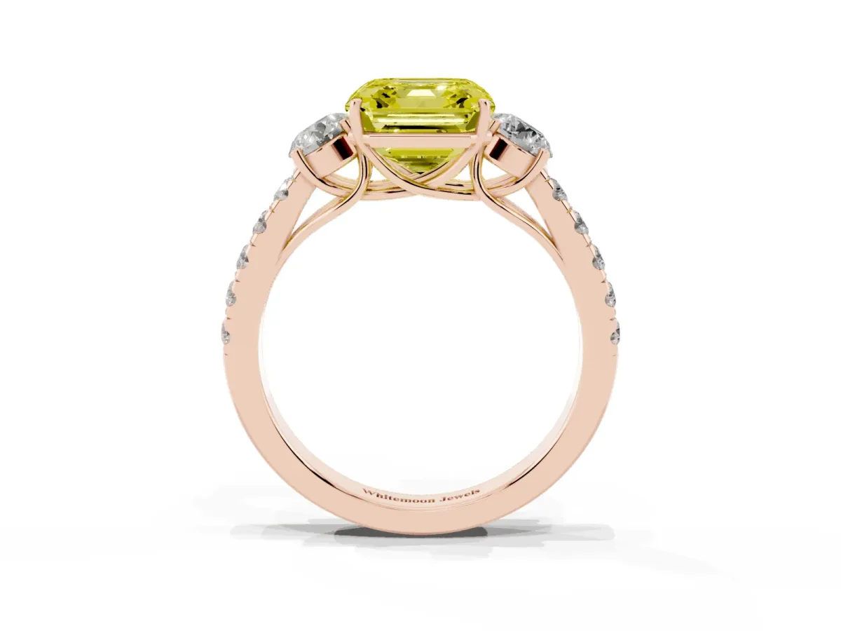 Fancy Yellow Asscher Cut Cut Diamond Three-Stone Ring with Round Side Stones and Pavé Band Rose gold
