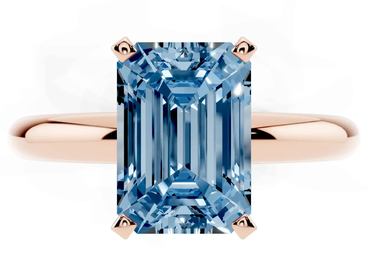 Fancy Blue Emerald Cut Diamond Solitaire Engagement Ring with Round Band and Four-Prong Setting Rose gold