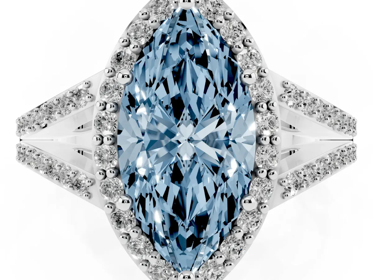 Fancy Blue Marquise Cut Halo Split Shank Diamond Ring with Prong Setting Silver