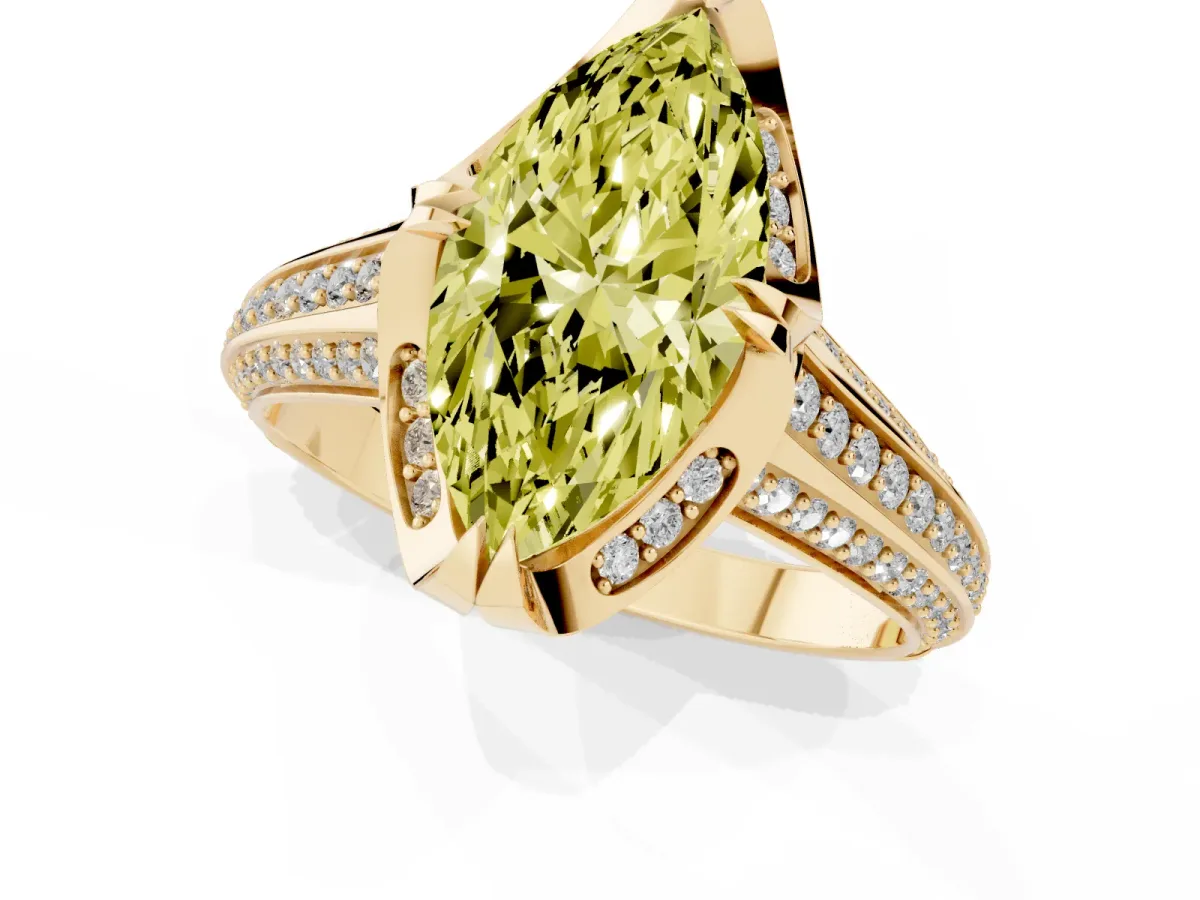Fancy Yellow Marquise Cut Solitaire Pave Split Shank Ring with Four-Prong Setting Yellow gold