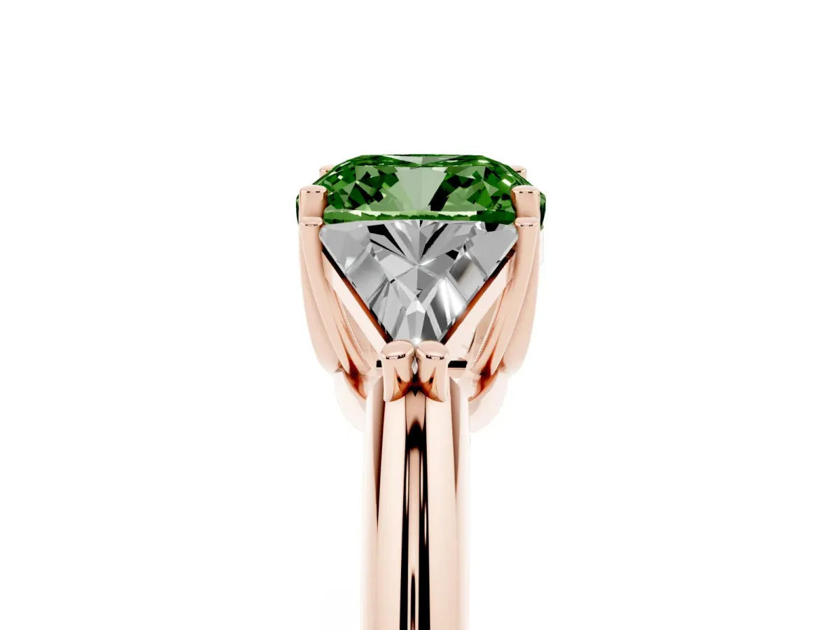 Fancy Green Three-Stone Cushion Cut Diamond Engagement Ring with Trillion Side Stones and Prong Setting Rose gold