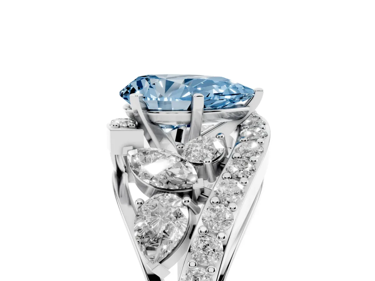 Fancy Blue Pear Cut Diamond Halo Ring with Marquise and Pavé Band in Prong Setting White gold