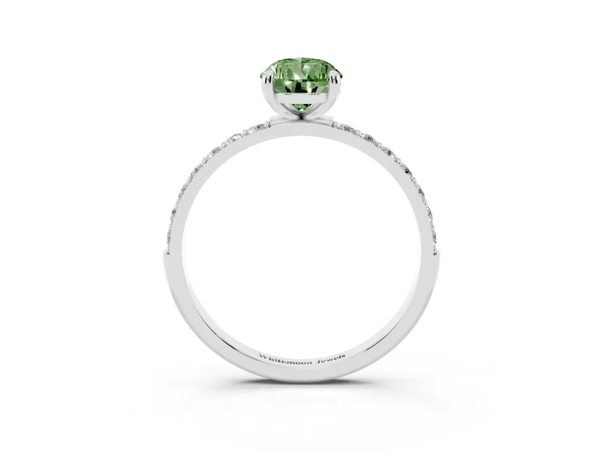 Fancy Green Pear Cut Diamond Solitaire Ring with Round Pavé Band and Prong Setting Platinum