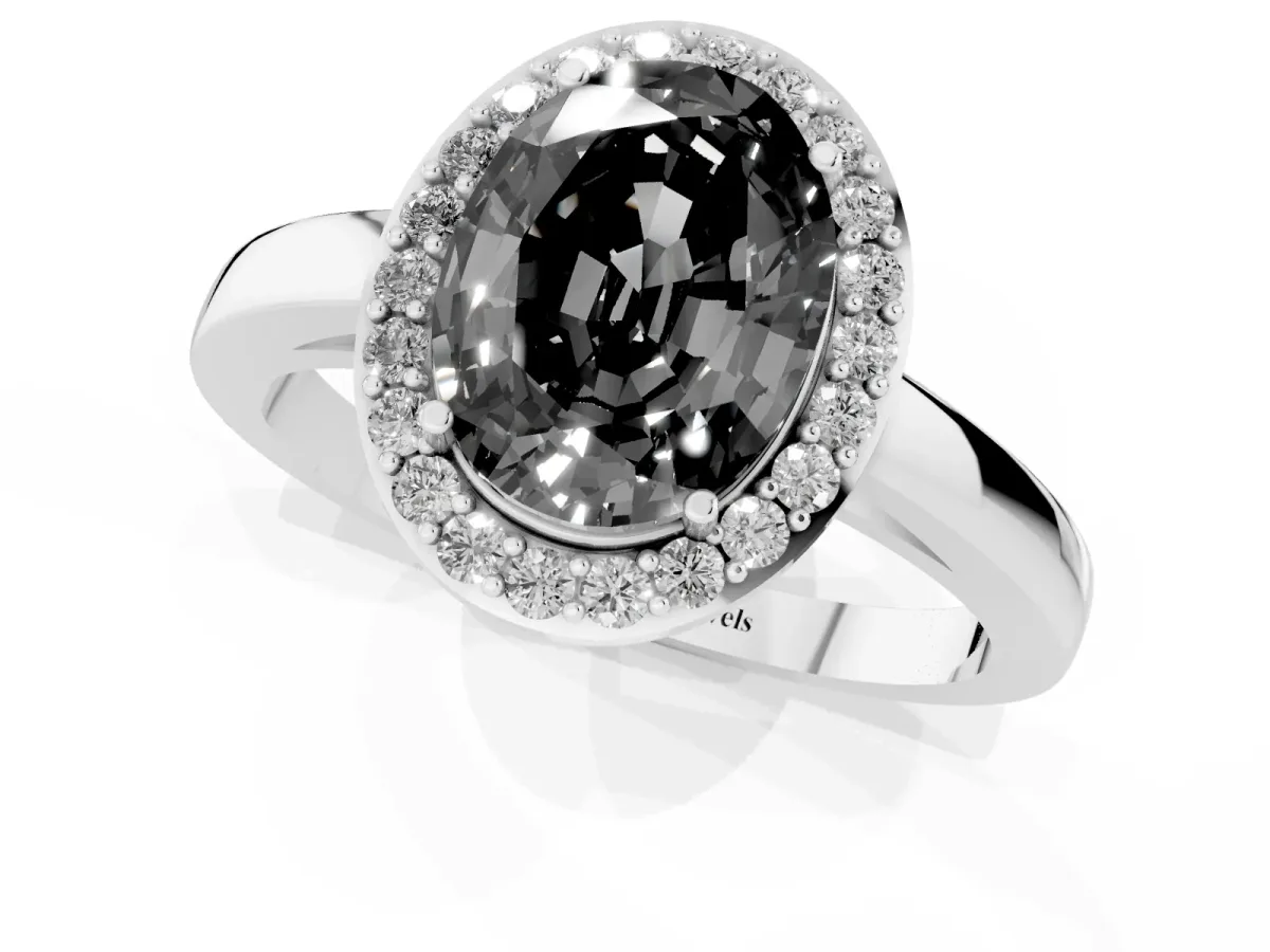 Fancy Black Oval Cut Halo Diamond Ring with Solitaire Band and Prong Setting Silver