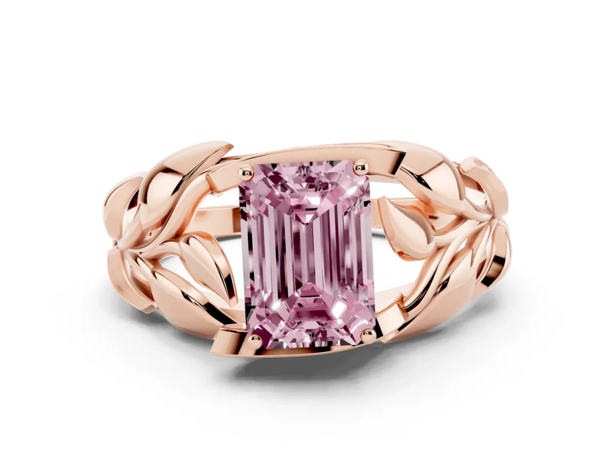 Fancy Pink Emerald Cut Diamond Leaf-Inspired Engagement Ring with Round Accents and Prong Setting Rose gold