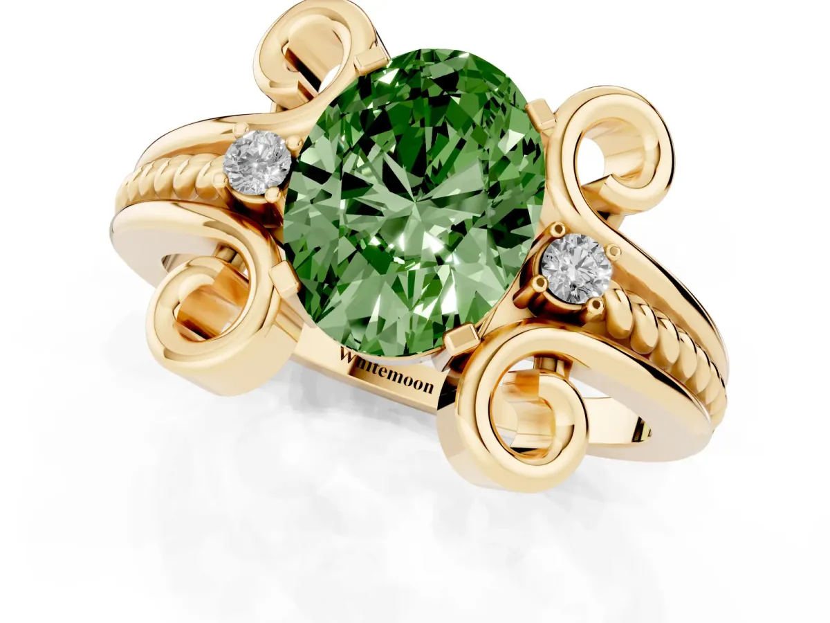 Fancy Green Oval Cut Solitaire Twisted Band Scroll Prong Ring Yellow gold