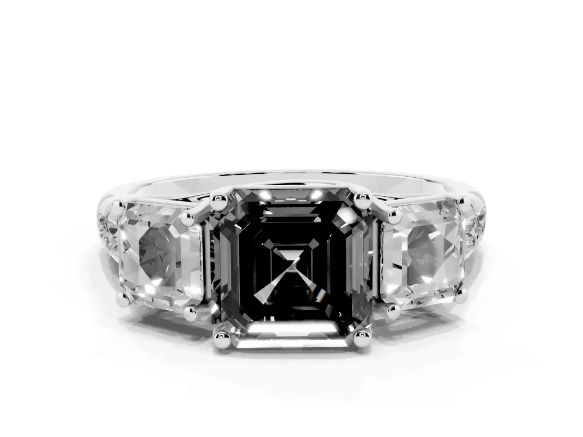 Fancy Black Three-Stone Asscher Cut Diamond Pavé Band with Prong Setting Platinum