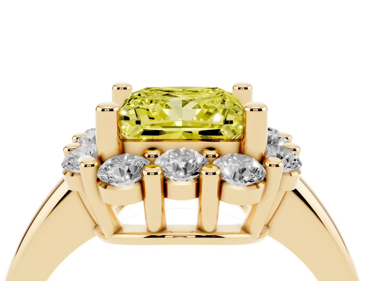 Fancy Yellow Princess Cut Halo Cluster Diamond Engagement Ring with Prong Setting and Polished Band Yellow gold