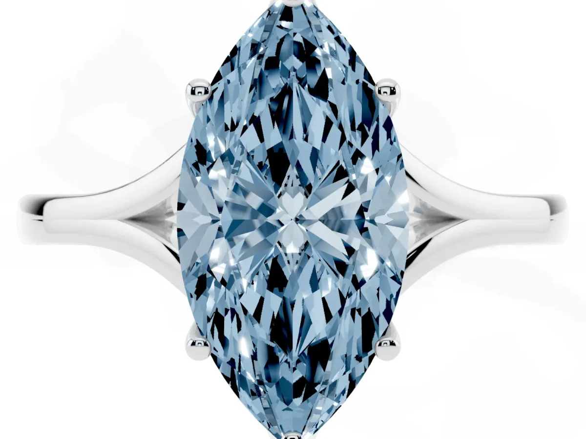 Fancy Blue Marquise Cut Solitaire Diamond Ring with Six-Prong Setting and Tapered Band Platinum