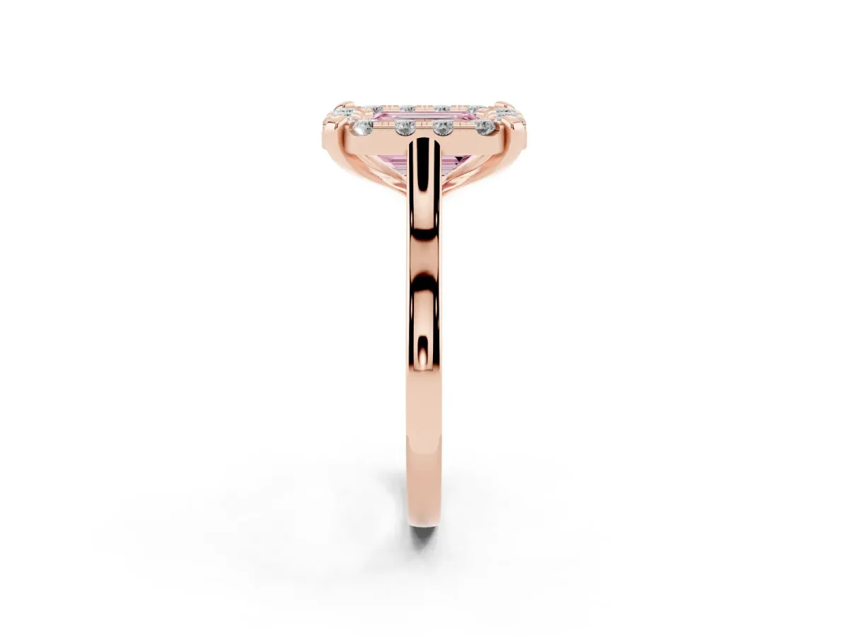 Fancy Pink Emerald Cut Diamond Cluster Halo Solitaire with Four-Prong Setting Rose gold