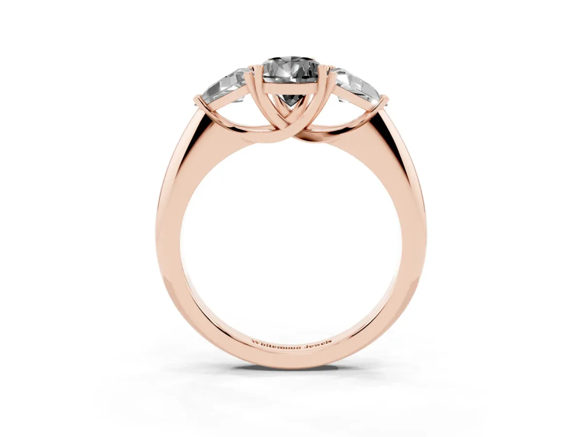 Fancy Black Three-Stone Pear Cut Diamond Engagement Ring with Trillion Side Stones and Prong Setting Rose gold