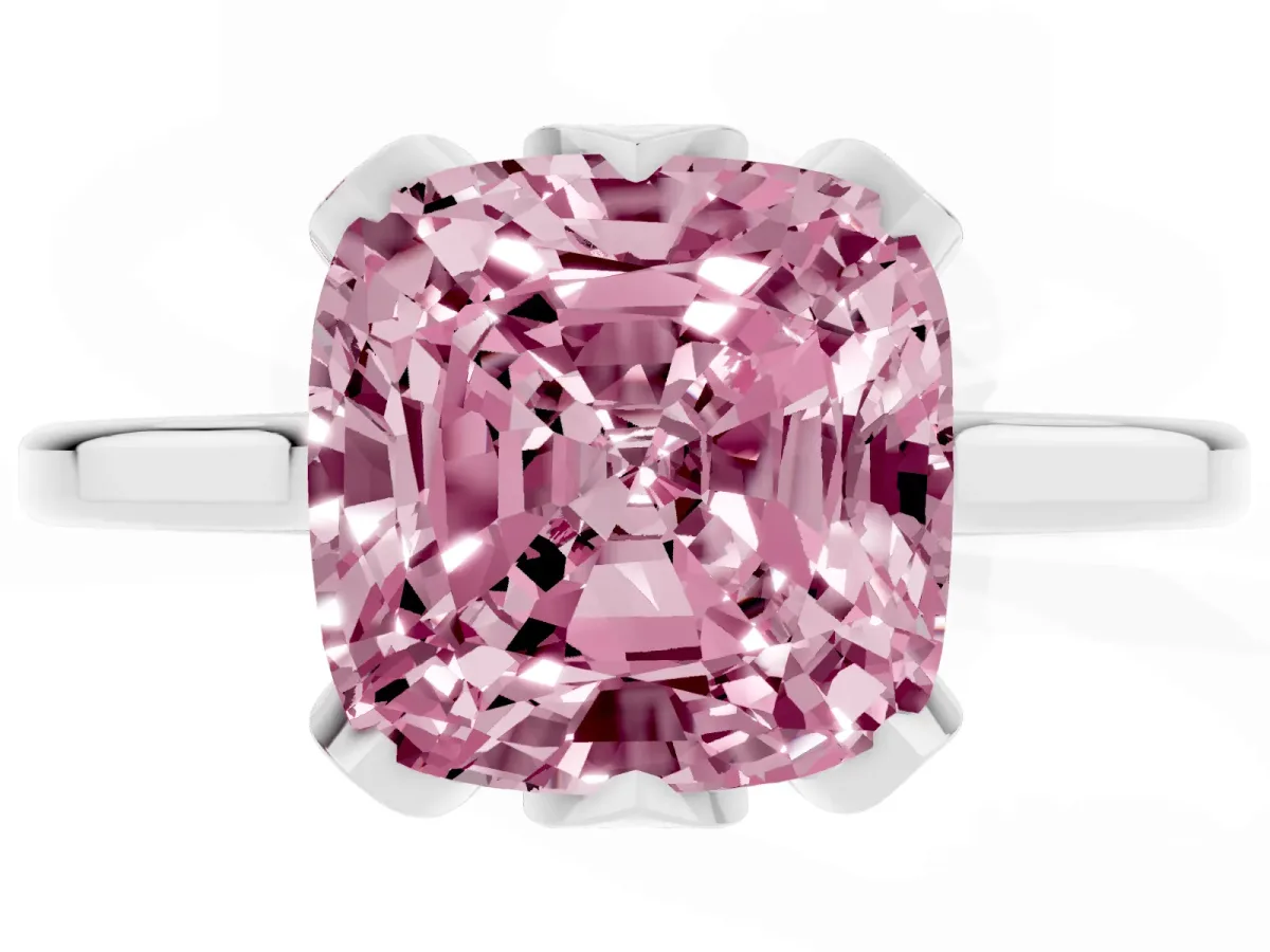 Fancy Pink Cushion Cut Diamond Solitaire Ring with Flower Prong Setting and Classic Band Silver