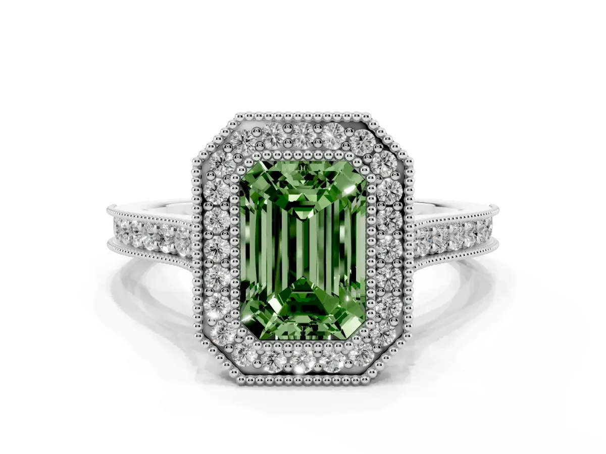 Fancy Green Halo Emerald Cut-Cut Diamond Pave Band Milgrain Prong Setting Ring Silver