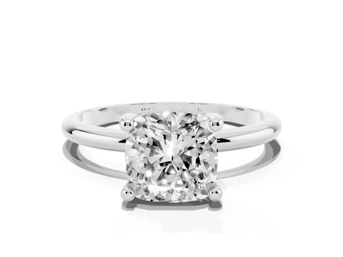 Cushion Cut Solitaire Diamond Ring with 4-Prong Setting on a Classic Band Silver
