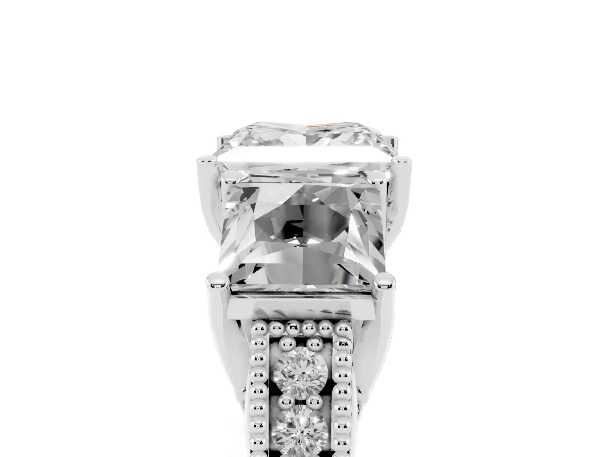 Three-Stone Princess Cut Cut Milgrain Pavé Engagement Ring Platinum