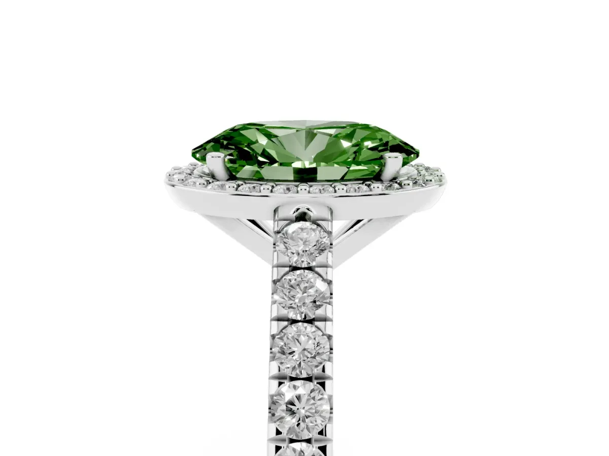 Fancy Green Oval Cut Cut Halo Diamond Engagement Ring with Pave Band and Four-Prong Setting Platinum
