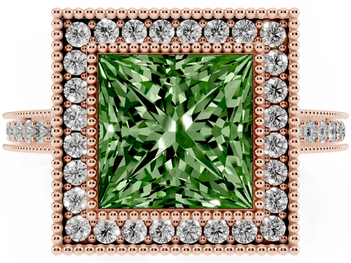 Fancy Green Princess Cut Cut Halo Diamond Ring with Pavé Band and Milgrain Prong Setting Rose gold
