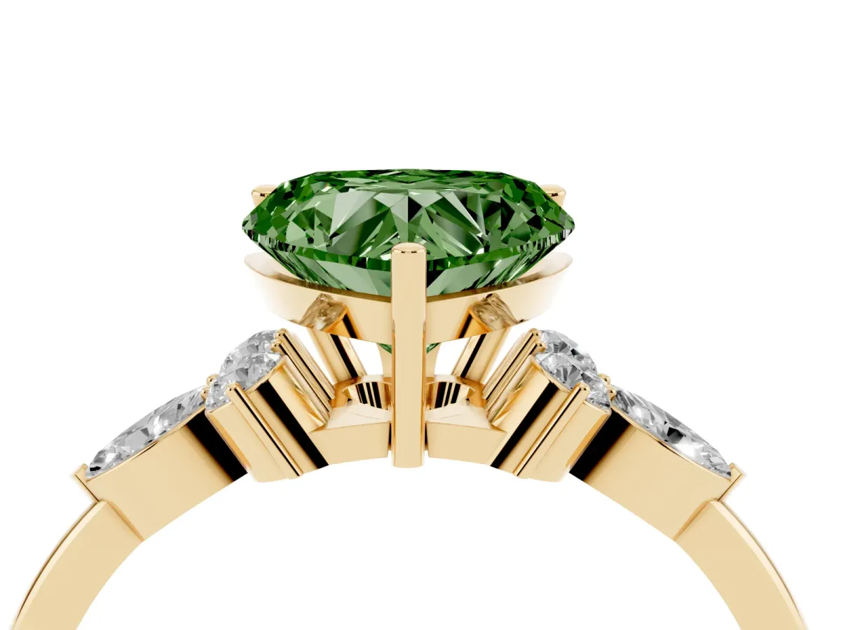 Fancy Green Heart Cut Brilliant Diamond Solitaire Ring with Pear Side Stones and Four-Prong Setting Yellow gold