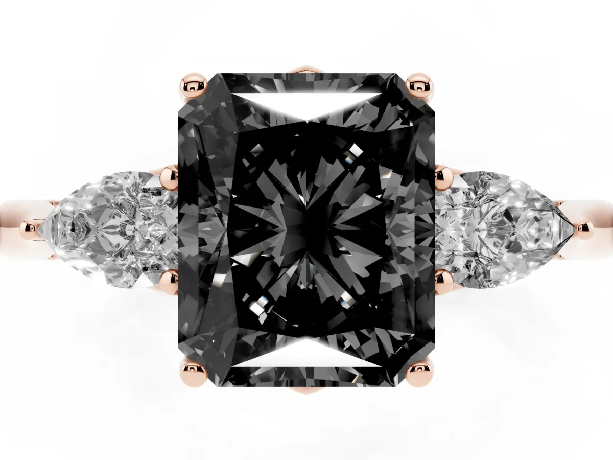 Fancy Black Three-Stone Radiant Cut Brilliant Diamond Solitaire Ring with Tapered Band and Four-Prong Setting Rose gold