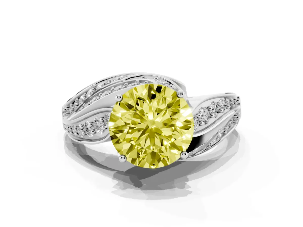 Fancy Yellow Round Cut Diamond Solitaire Ring with Prong Setting and Twisted Pavé Band Silver