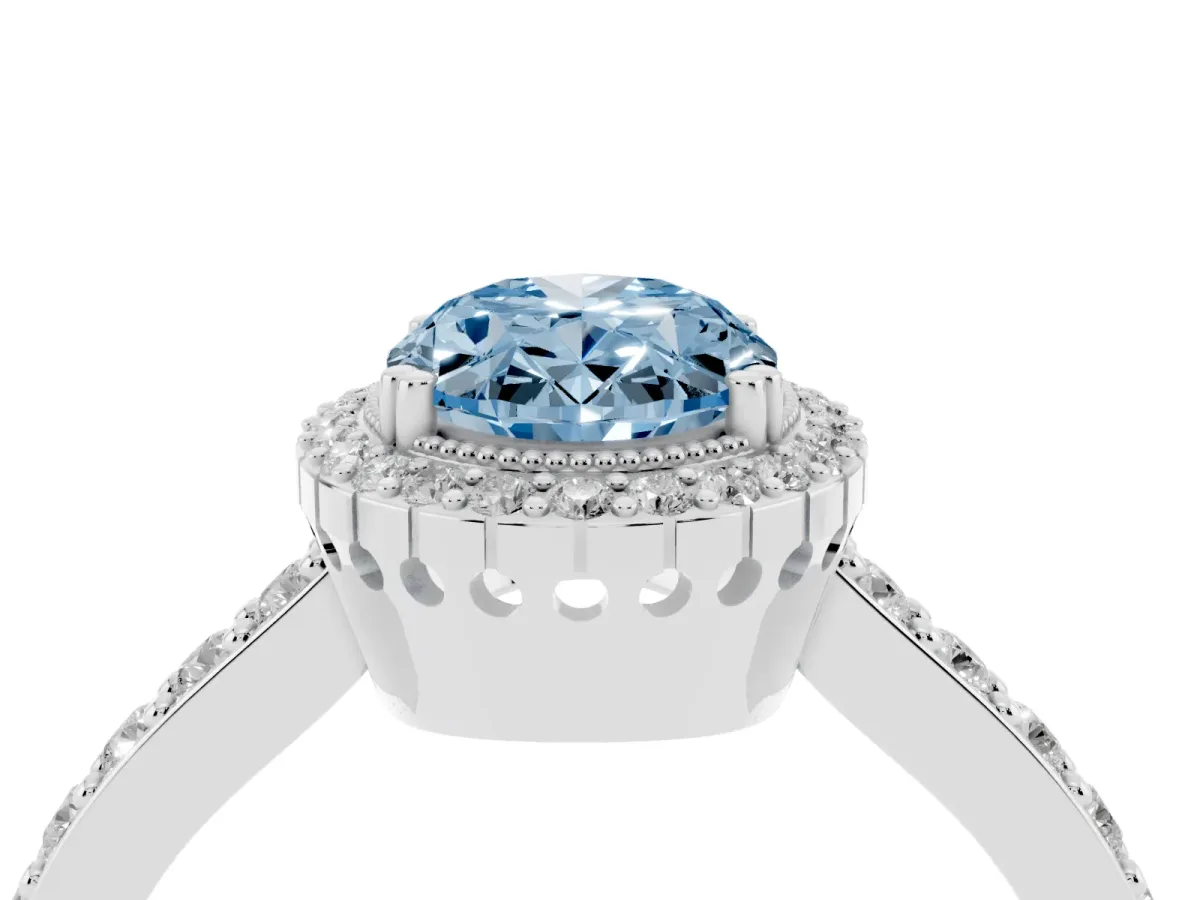 Fancy Blue Oval Cut Cut Diamond Halo Engagement Ring with Milgrain Detail and Pavé Band White gold